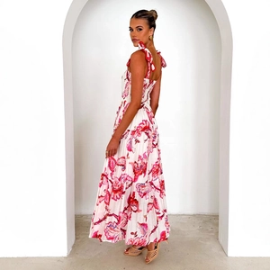 Floral print summer maxi dress with adjustable tie straps and tiered bohemian skirt