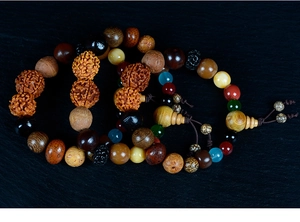 Macro detail of Zen Buddhist prayer beads with natural bodhi seeds and sandalwood