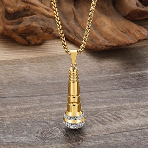 Hip hop 18K gold plated microphone pendant necklace with sparkling crystal rhinestones