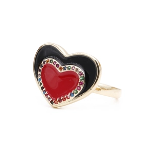 Goldener Herzring mit rotem und schwarzem Emaille und bunten Zirkoniasteinen
