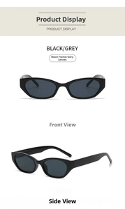 Detailed front and side views of vintage black cat-eye sunglasses with dark grey lenses