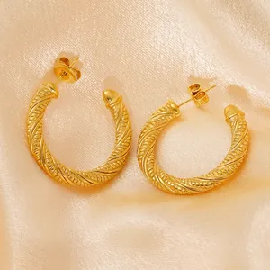 18K gold plated stainless steel twisted rope C-shaped hoop earrings for women