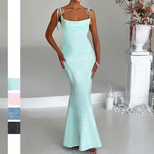 Women Jacquard Mermaid Maxi Dress Tie Shoulder Cowl Neck Sexy Backless Elegant Evening Party Bodycon