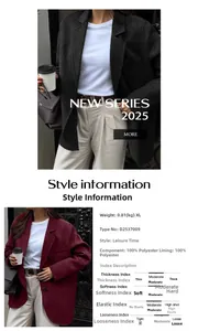 Detailed view of women's long sleeve wool-like blazer with texture and sizing data