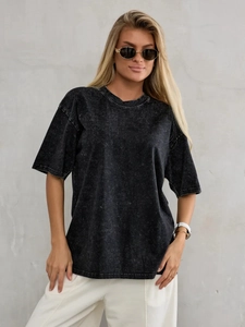 Detailed view of dark grey acid wash cotton t-shirt with oversized drop shoulder cut