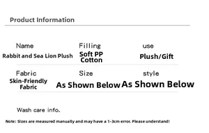 Detailed specifications for soft plush seal and rabbit toy with PP cotton filling details