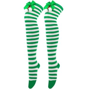 Detail of green and white striped Christmas over-knee socks with bows and fuzzy pom-poms