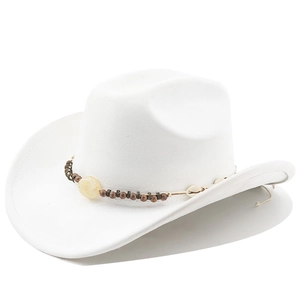 Detail of white fedora hat featuring ethnic beads and natural seashells band decoration