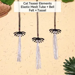 Funny spider cat wand toy with bell, elastic mesh tube and silver tinsel tassels for kittens
