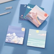 Set of four scenic landscape illustration sticky notes on a neat blue desktop background