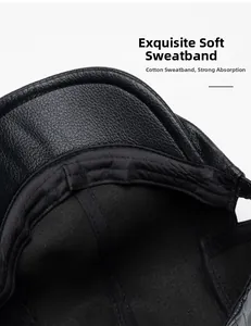 Close-up of leather beret hat showing soft cotton sweatband and premium stitching detail