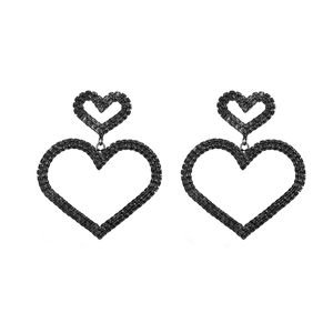 Elegant black rhinestone double heart drop earrings for women on a white background