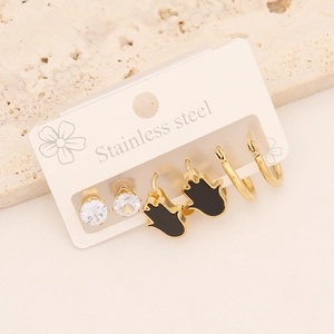 Three-pair gold stainless steel earrings set with Hamsa hand and zircon studs
