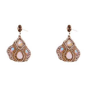 Vintage teardrop earrings with opal and amber rhinestones in a baroque bronze finish
