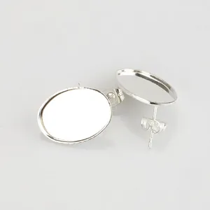 Stainless Steel Oval Earring Post Settings DIY Jewelry Making Blank Cabochon Bases With Hanging Loop Silver Plated