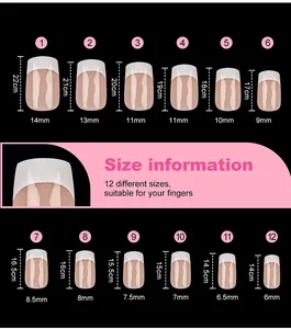 Size chart showing twelve sizes of French press-on nails with width and length measurements