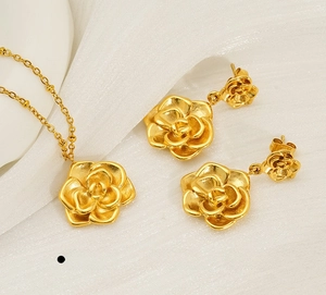 Détail de l'ensemble collier et boucles d'oreilles rose en acier inoxydable plaqué or 18K
