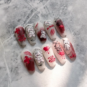 Gothic 3D embossed Halloween teddy bear nail stickers with matte finish and blood heart