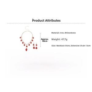 Detail specifications of red rhinestone teardrop necklace and earring jewelry set