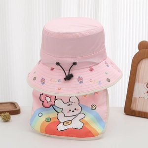 Pink quick-dry sun hat for girls with cute rabbit rainbow prints and neck protection