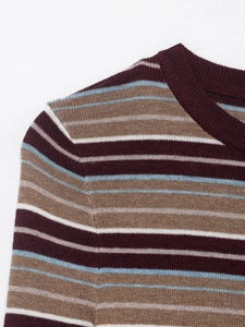 Detail of crewneck striped knit top showing wine red and blue stripes and fine texture