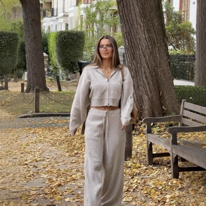 Women's beige knitted tracksuit with cropped zip hoodie and wide-leg drawstring pants