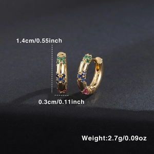 Gold plated huggie hoop earrings with multicolor zircons measuring 1.4cm diameter
