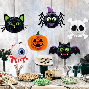 Set of Halloween hanging honeycomb ornaments featuring spider, pumpkin, and bat designs