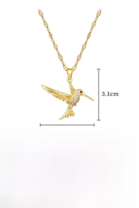 Detailed specs of gold titanium hummingbird necklace with cubic zirconia pendant size info