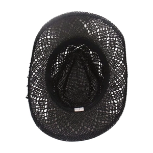 Detailed interior of black hand-woven straw cowboy hat showing sweatband and mesh texture