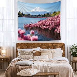 Detail of Mount Fuji tapestry featuring cherry blossoms as a bedroom wall decoration