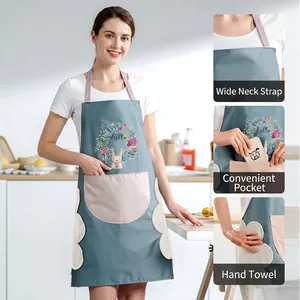 Waterproof kitchen apron with hand-wiping towels and front pocket for women in grey-blue