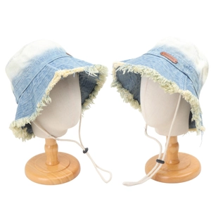 Washed Denim Bucket Hat Frayed Edge Gradient Large Brim Sun Hat With Adjustable Windproof Rope Leather Label Women