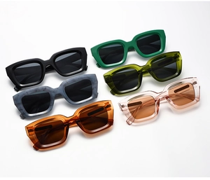 Detailed top view of retro rectangular sunglasses in multiple stylish frame colors