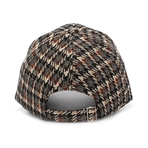 Rear view of houndstooth wool baseball cap showing adjustable silver metal buckle detail