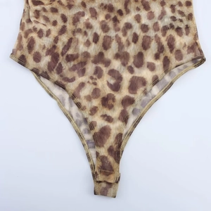 Sexy leopard print mesh bodysuit for women with asymmetric tulle and snap closure