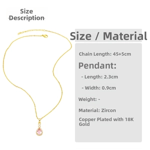 Detailed view of water-drop pink zircon pendant on a 18K gold-plated copper chain