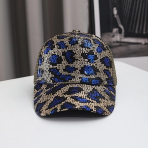 Breathable leopard print baseball cap with sequins and mesh back for outdoor sun protection