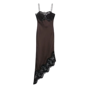 Satin Cami Dress Lace Patchwork Irregular Hem Deep Brown Spaghetti Strap Chic Evening Party Wear Sleeveless For Women