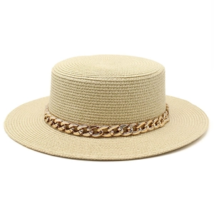 Women Fashion Boater Hat Straw Paper Sun Protection Summer Beach Flat Brim Elegant Jazz Cap With Gold Metal Chain