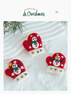 Three handmade red wool felt Christmas mittens with snowman embroidery for tree decor