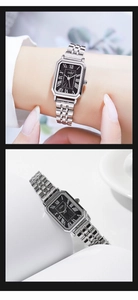 Detail view of GEDI square silver watch with black roman dial and stainless steel strap