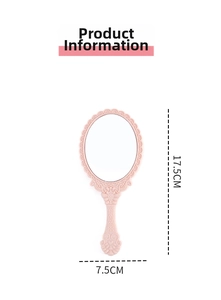 Pink vintage handheld mirror with ornate floral patterns and detailed size dimensions