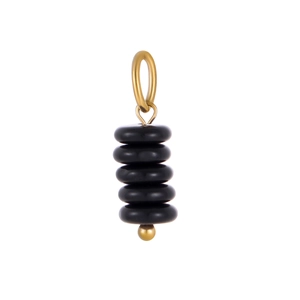 Close-up of stacked black flat beads pendant with golden ring and round base bead