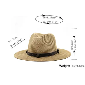 Size chart for wide brim straw fedora hat with circumference and height measurements