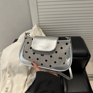 Women Fashion Underarm Shoulder Bag PU Leather Fabric Polka Dot Bow Embroidery Crossbody Small Square Handbag Versatile
