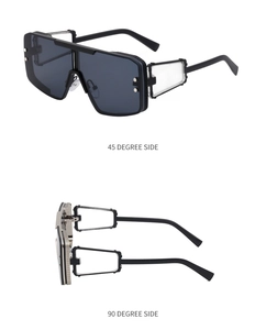 Detail view of steampunk sunglasses showing 45 and 90 degree side angles with metal legs