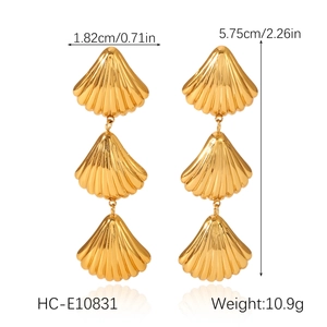 Detailed dimensions of gold stainless steel shell drop earrings showing length and width