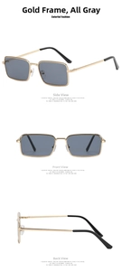 Detail view of square gold metal sunglasses with dark grey lenses from multiple angles
