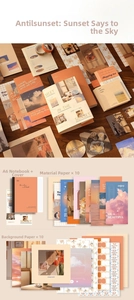 Detailed view of sunset-themed A6 notebook and assorted vintage stationery paper set